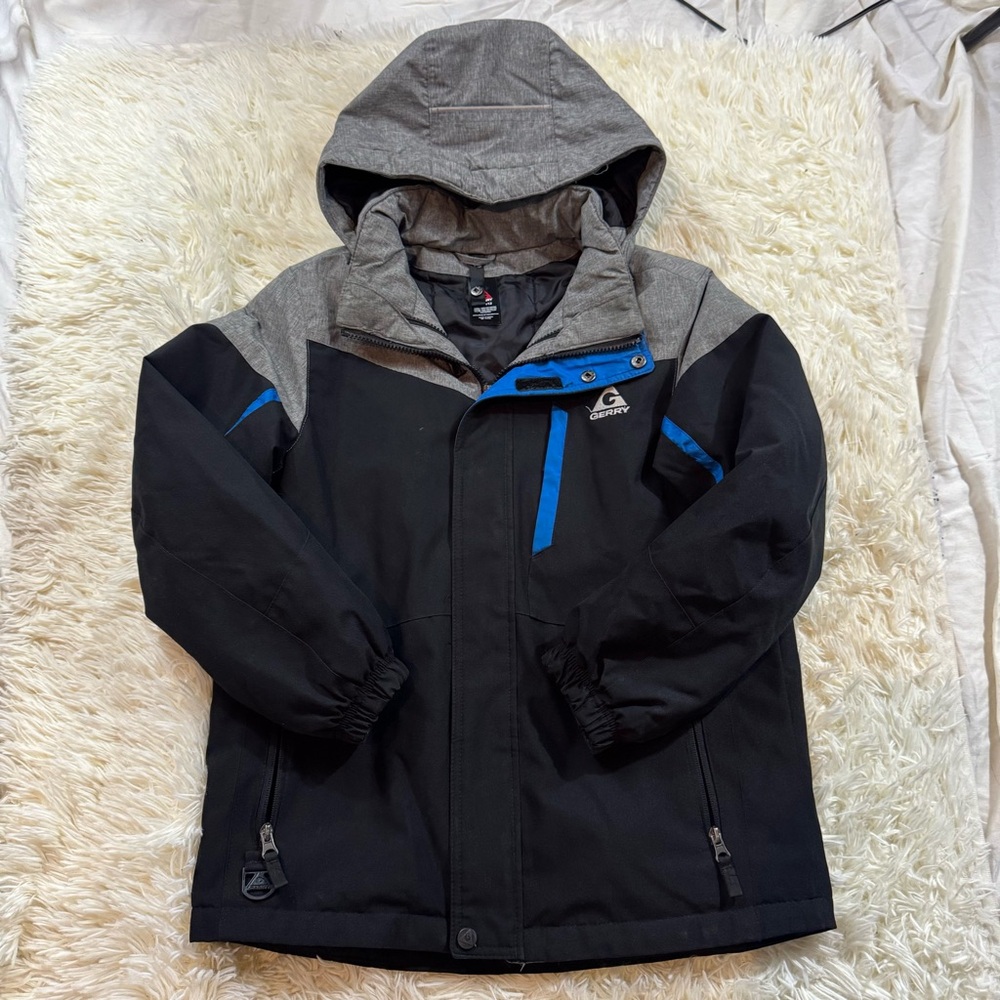 K40. Kids Black & Gray Hooded Jacket with Blue Accents (M 10/12)
